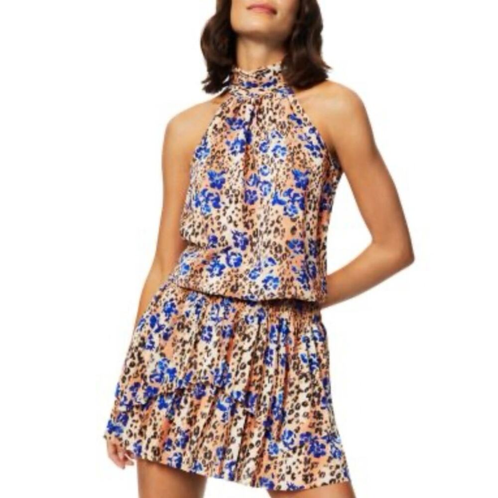 Ramy Brooke Mixed Animal Print Halter Sleeveless Blouson Mini Dress NWOT Small